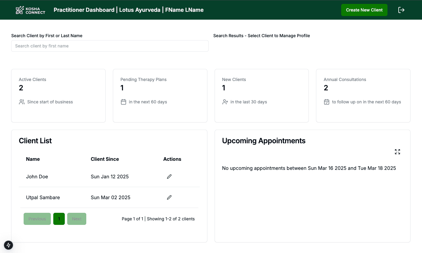 Kosha Connect Practitioner Dashboard